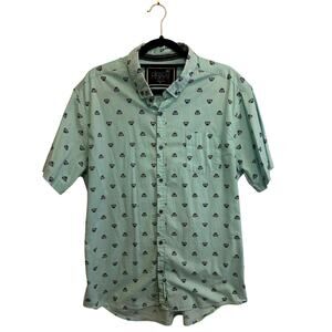 Descendent Teal Blue Geometric Pug Print Short Sleeve Men's Button Down XL